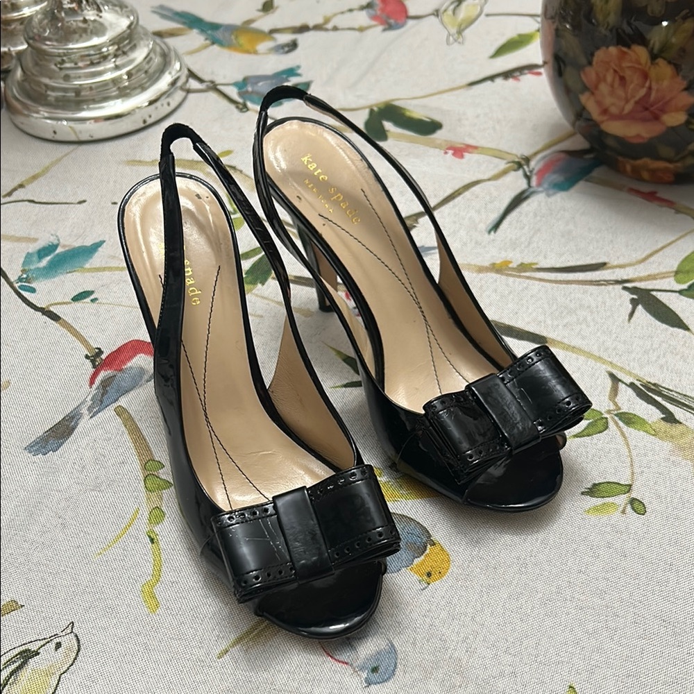 kate spade Black Patent Leather Slingback Bow Pumps